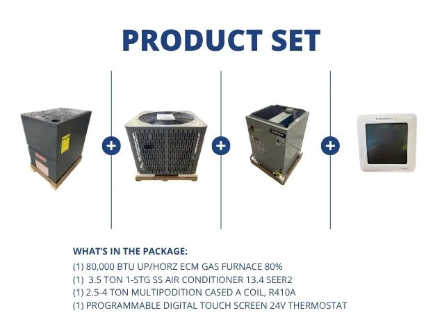 80,000 BTU Up/Horz Gas Furnace 80%, 3.5 Ton AC 13.4 SEER2, 2.5-4 Ton Multi Coil with 24V Thermostat