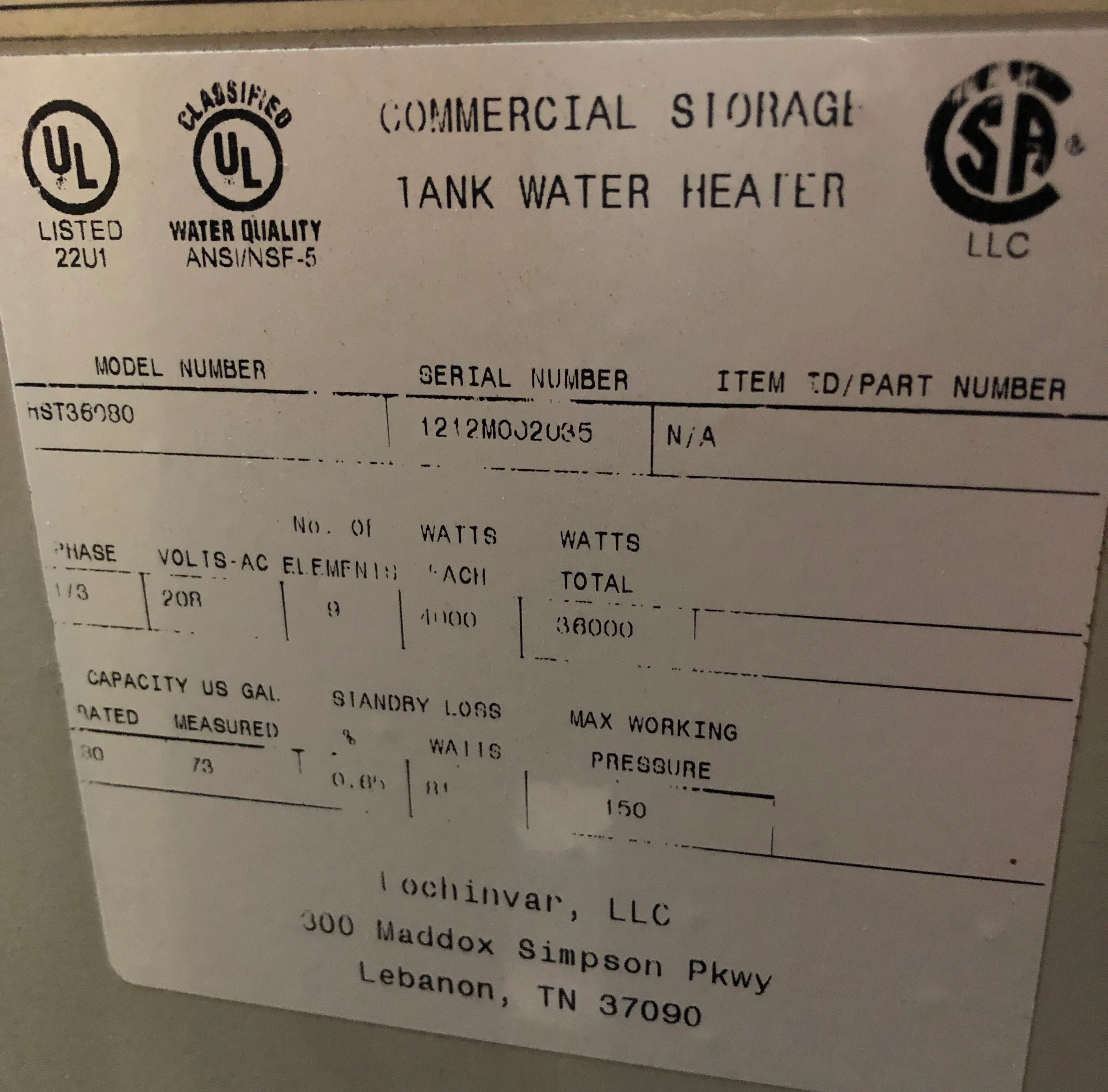 80 Gallon Standard Hi-Power" Series Commercial Electric Water Heater - Image 3