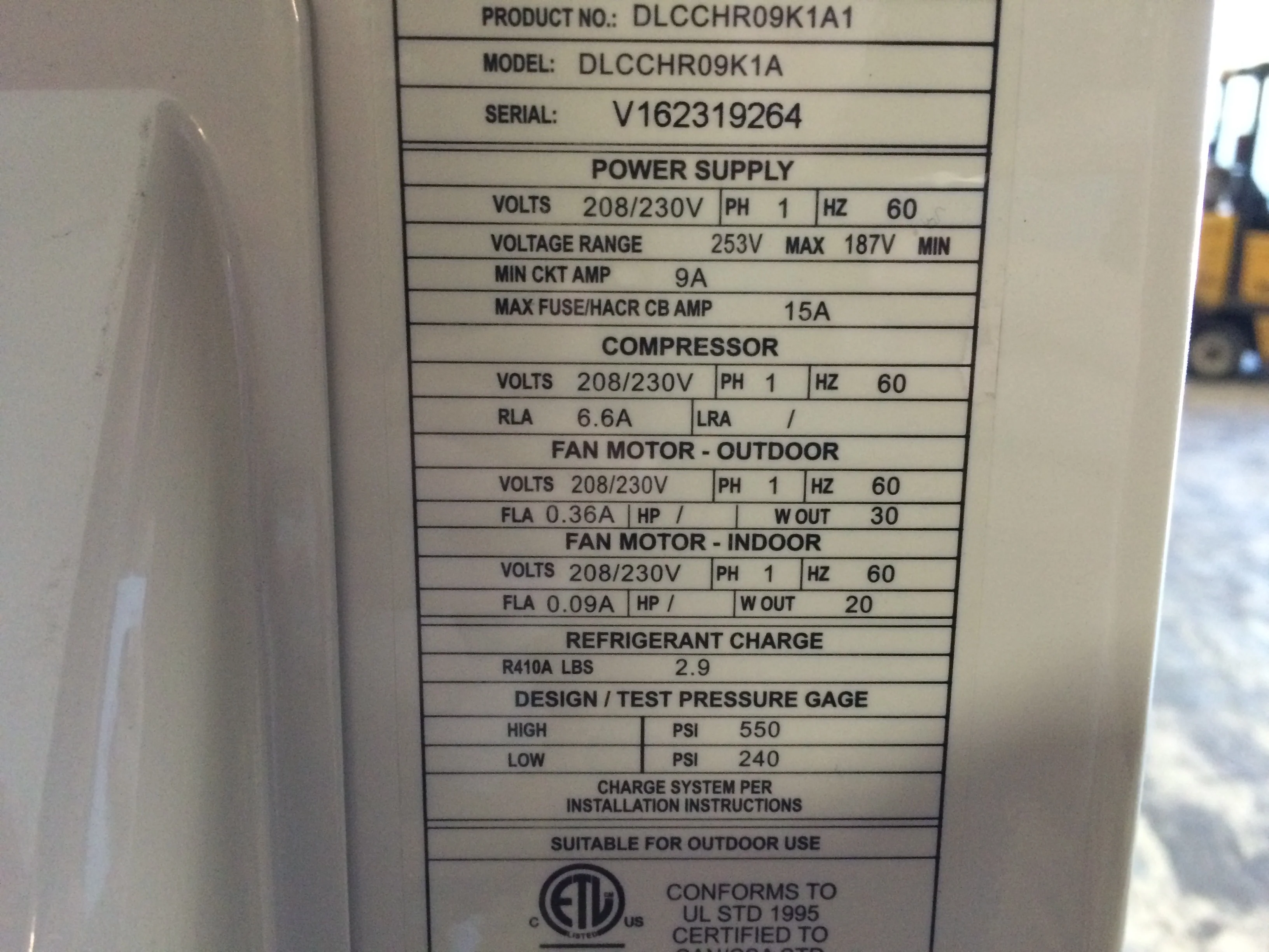 9,000 BTU Outdoor Mini-Split Heat Pump Unit 208-230/60/1 R-410A - Image 2