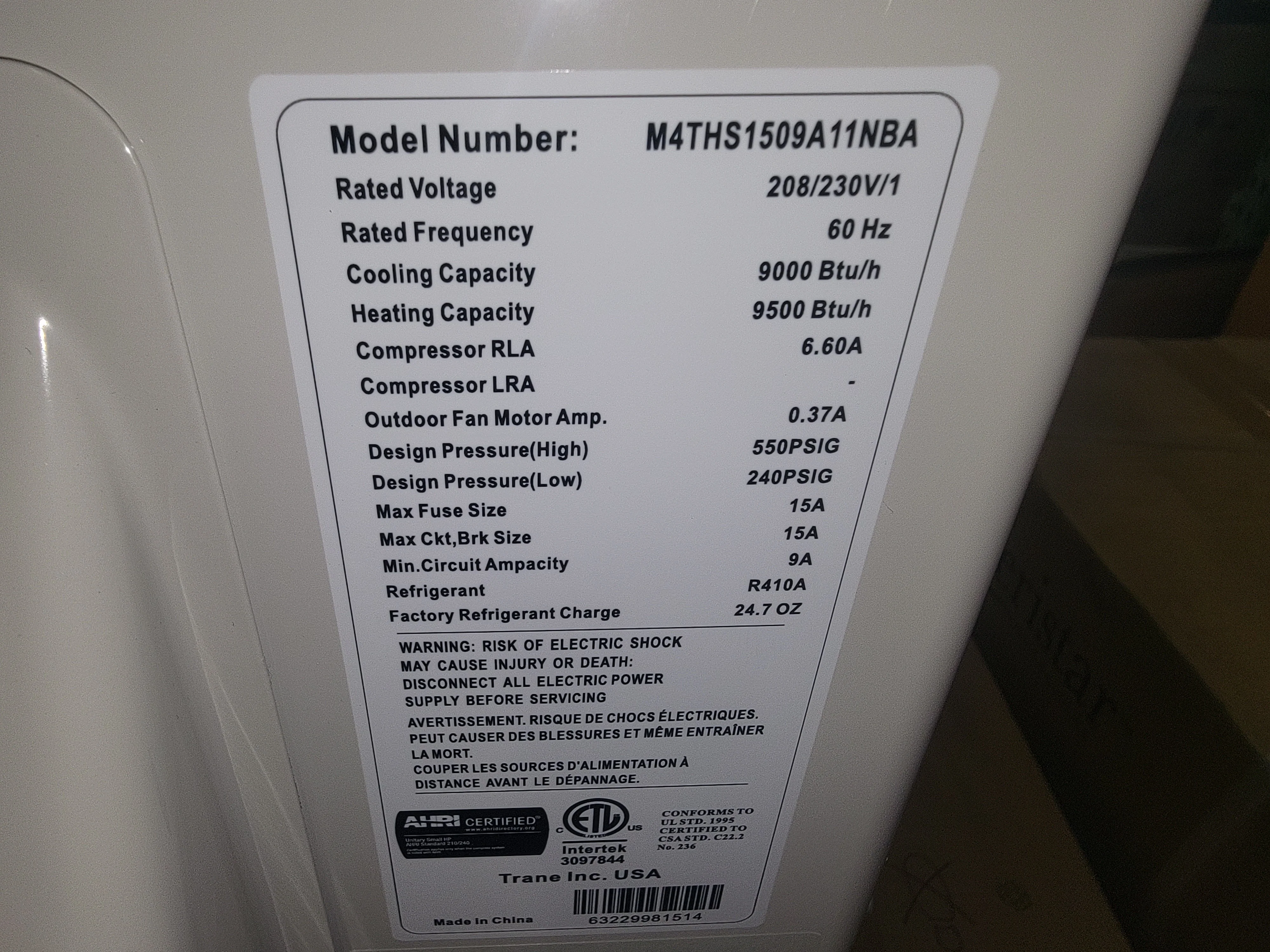 9,000 BTU Single Zone Inverter Outdoor Mini-Split Heat Pump Unit, 15 SEER 208-230/60/1 R-410A - Image 5