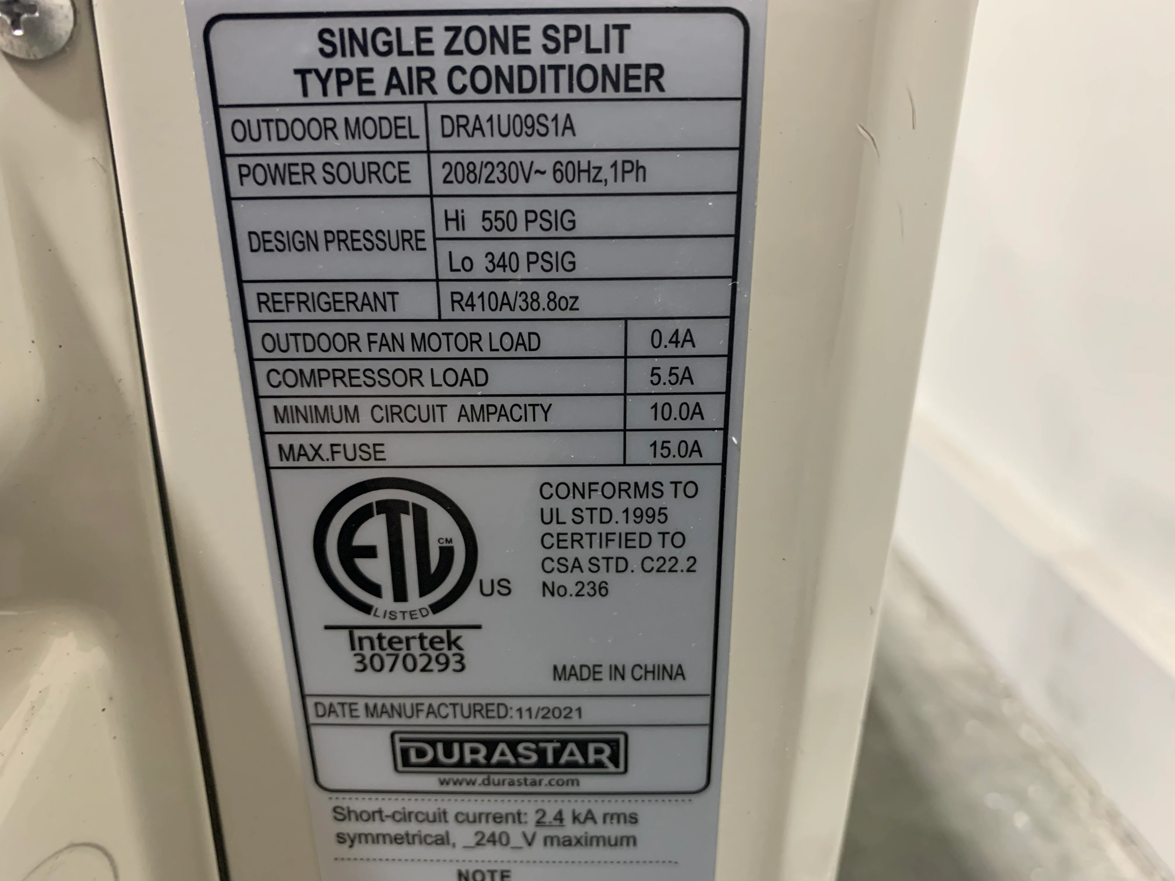 9000 BTU Single Zone Outdoor Inverter Mini Split Heat Pump, 208-230/60/1, 22.8 Seer - Image 5