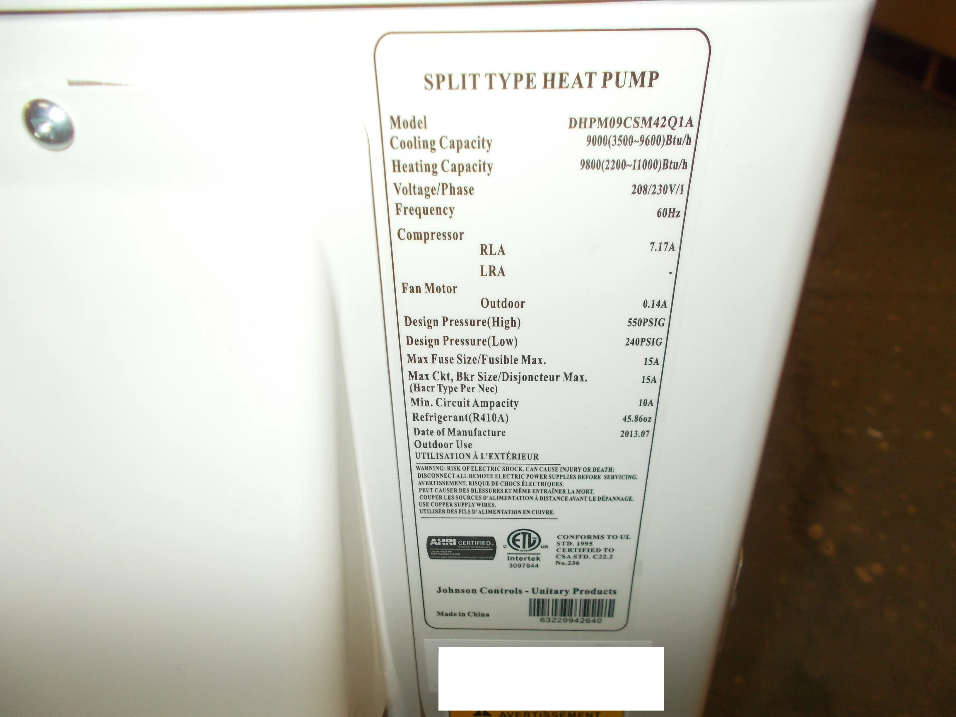 9,000 BTU Single Zone Outdoor Mini-Split Heat Pump Unit, 22 Seer 208-230/60/1 R-410A - Image 5
