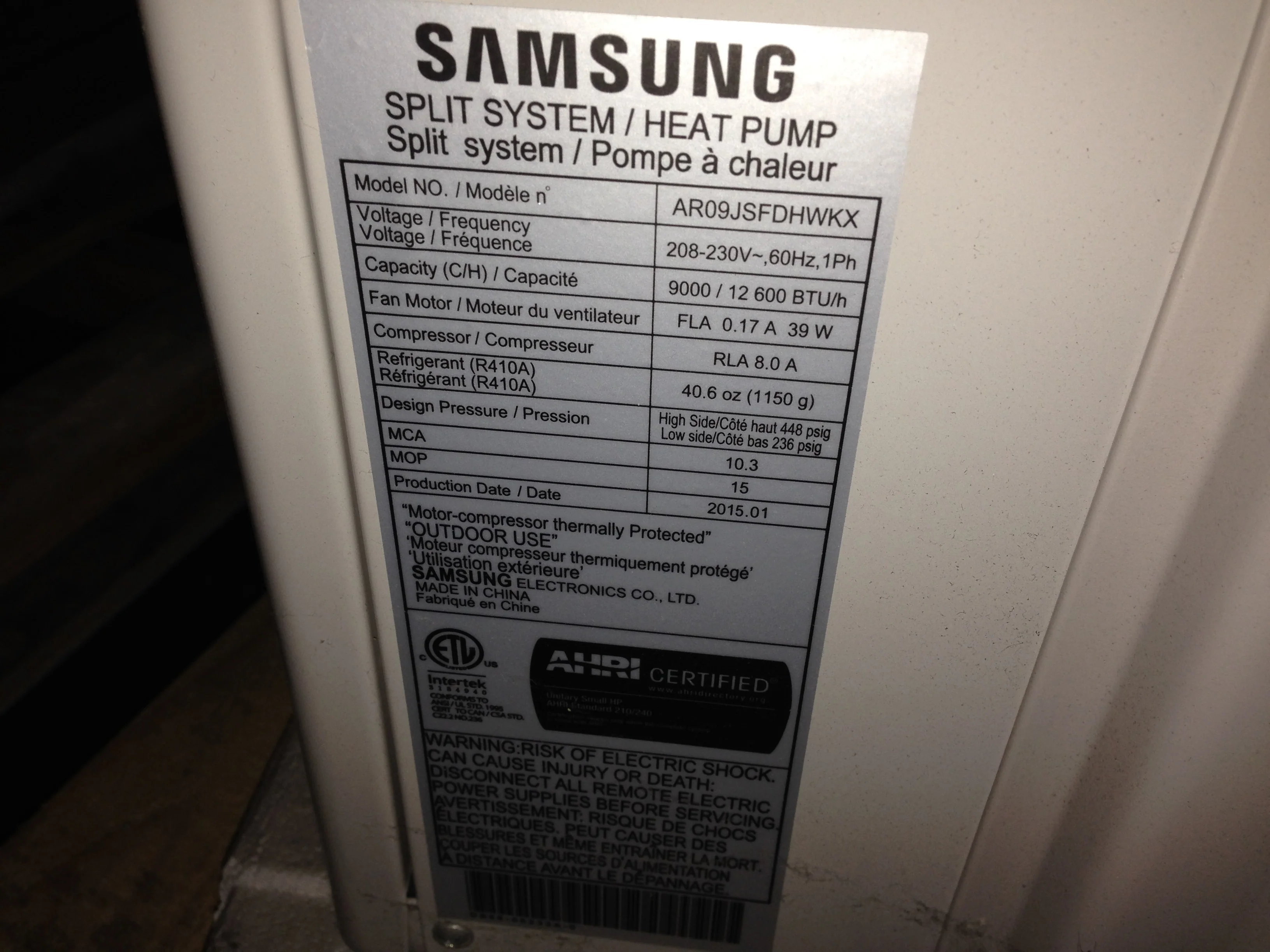 9,000 Btu Single Zone OD Smart Inverter Mini-Split Heat Pump, 28 Seer 208-230/60/1 R-410A 459 Cfm - Image 5
