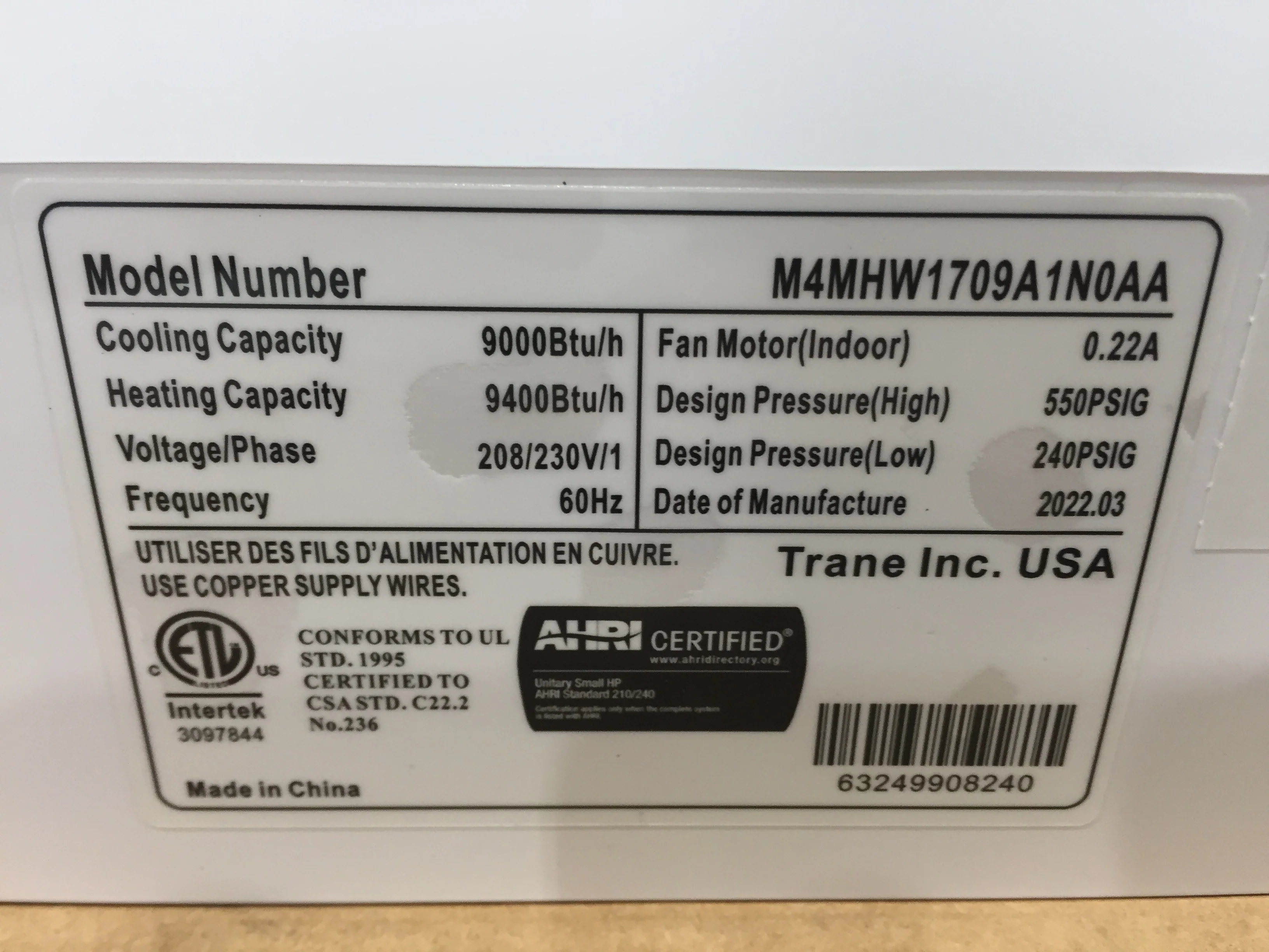 9,000 BTU Single-Zone Indoor Heat Pump Mini Split Unit, 17 SEER 208-230/60/1 - Image 6