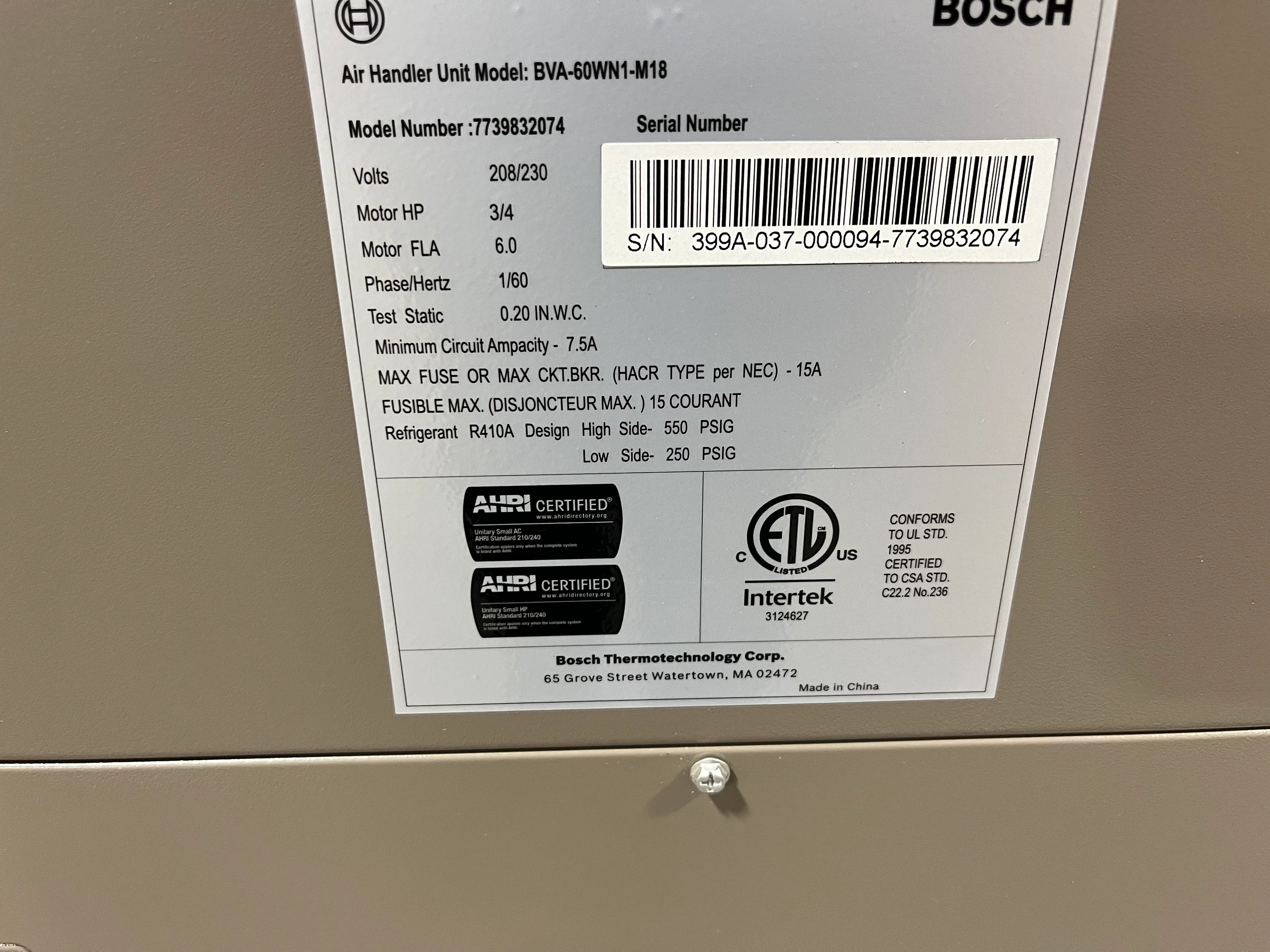 BOSCH BVA-60WN1-M18 5 TON AC/HP CONSTANT MULTI-SPEED ECM UPFLOW/HORIZONTAL FANCOIL 240/60/1 SEER-20 - Image 5