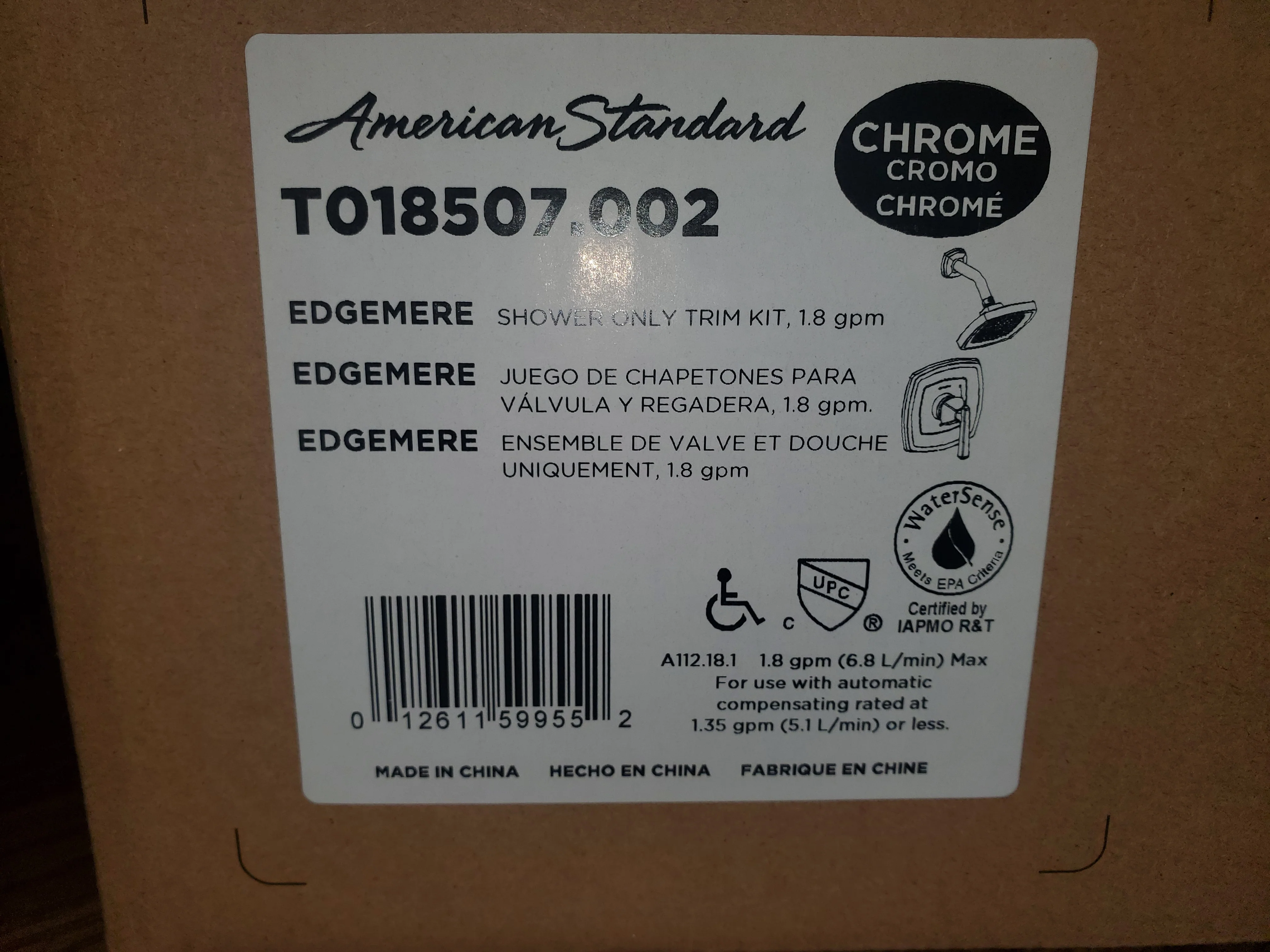 Edgemere Shower Only Trim Kit; Chrome, 1.8 GPM