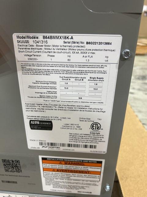 1.5 Ton AC/HP PSC Multiposition Air Handler 208-230/60/1 R-410A CFM 1064 - Image 3