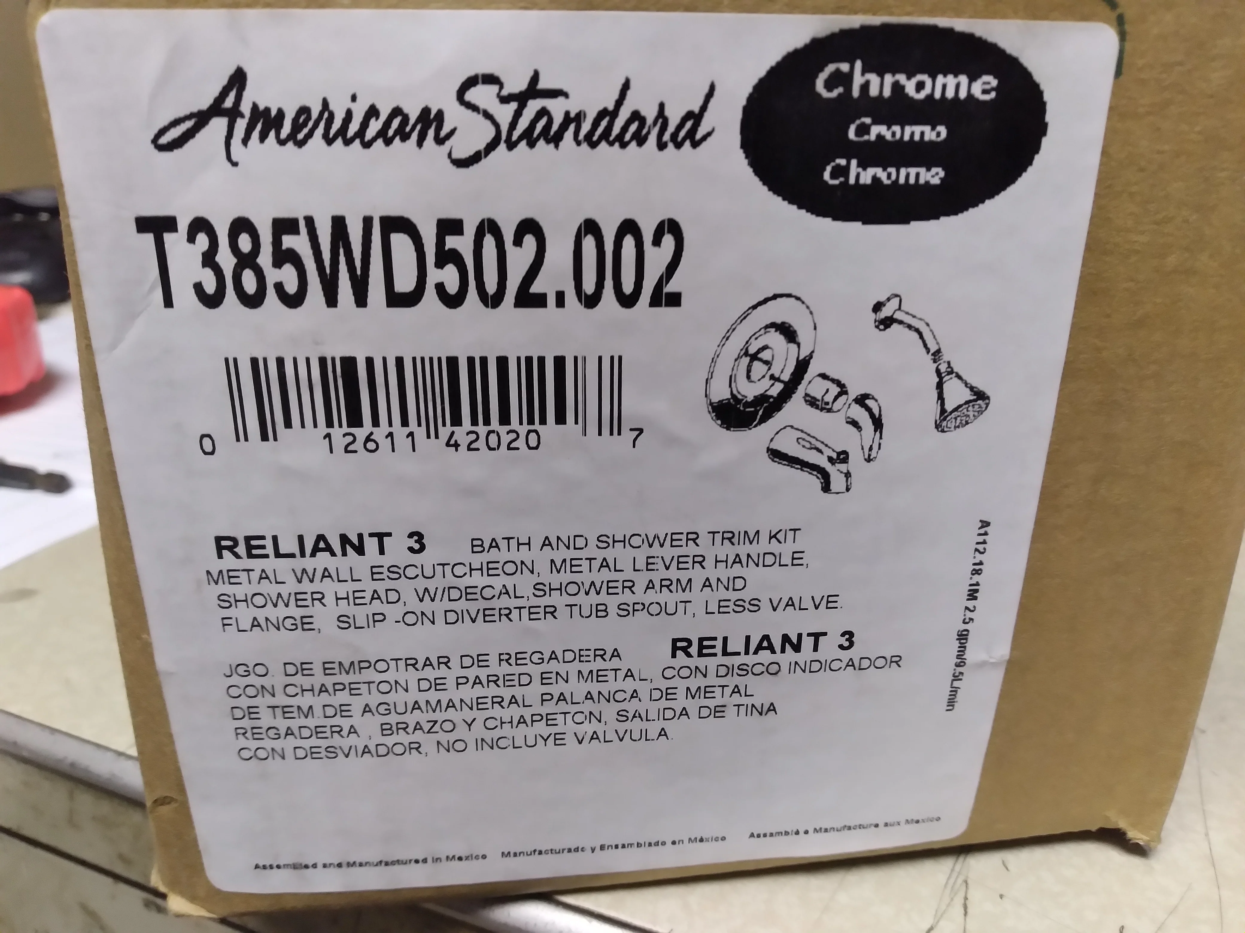 Reliant 3 Chrome Bath and Shower Trim Kit with Shower Head w/Decal - Image 3