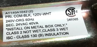 Transformer Primary 120/240, 60Hz, 24 VAC, 40 Va,